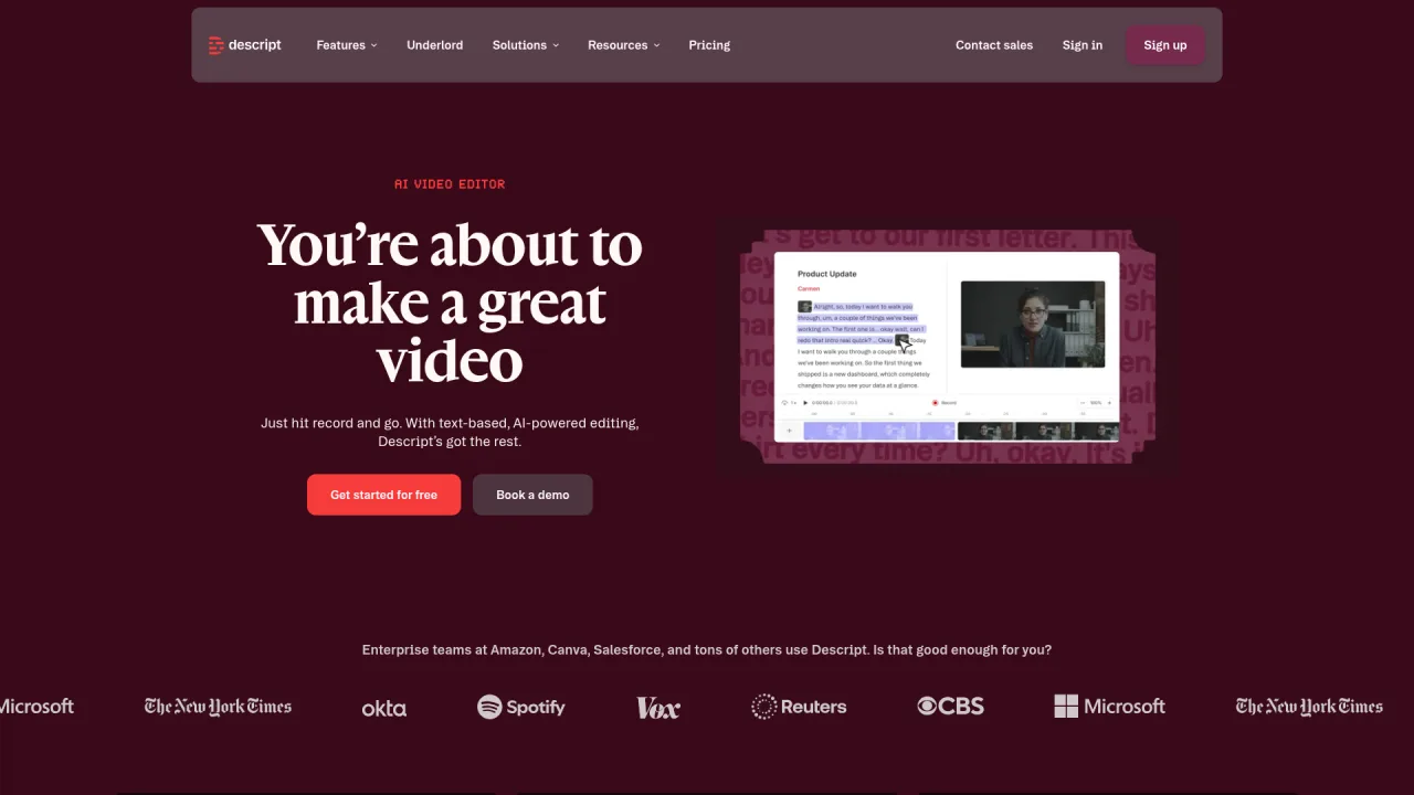 Descript AI video editor with a text-based script editing interface