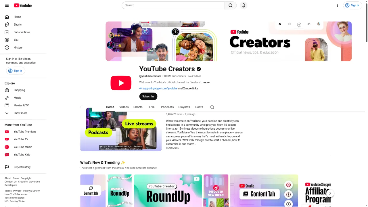 YouTube Creators channel showing Shorts and creator education resources