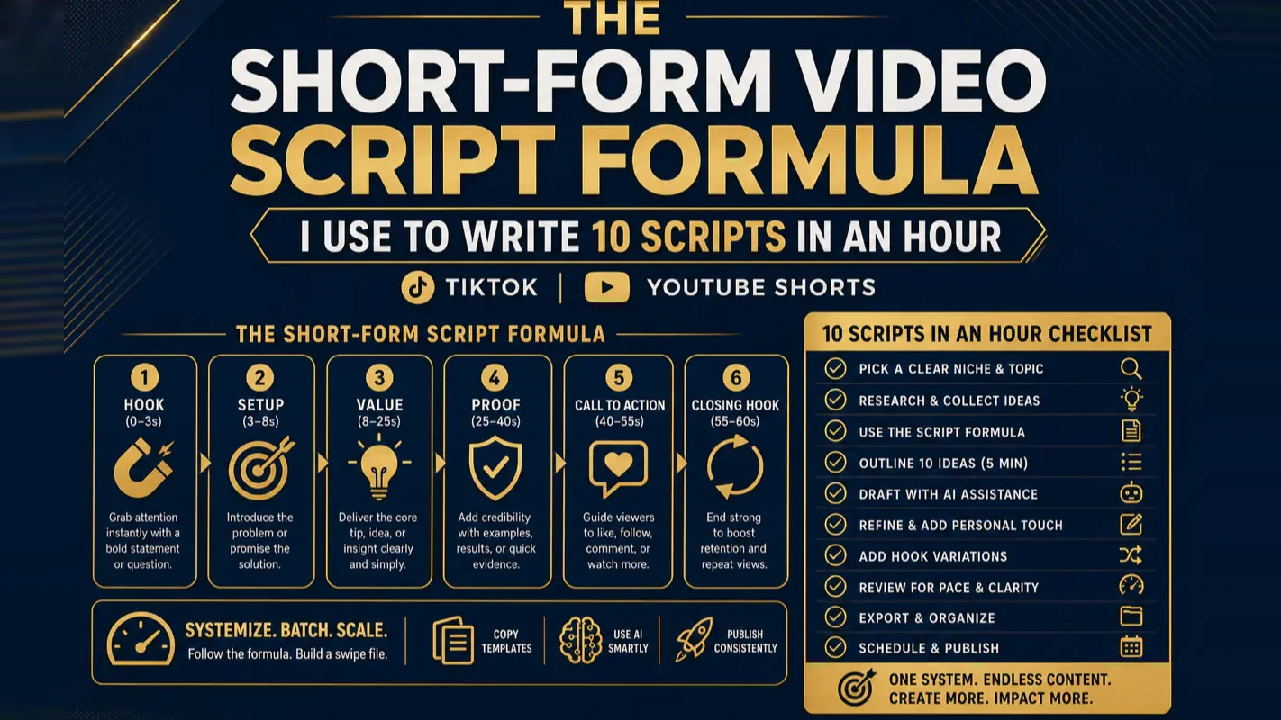 Navy-gold poster of the short-form video script formula with a six-step framework