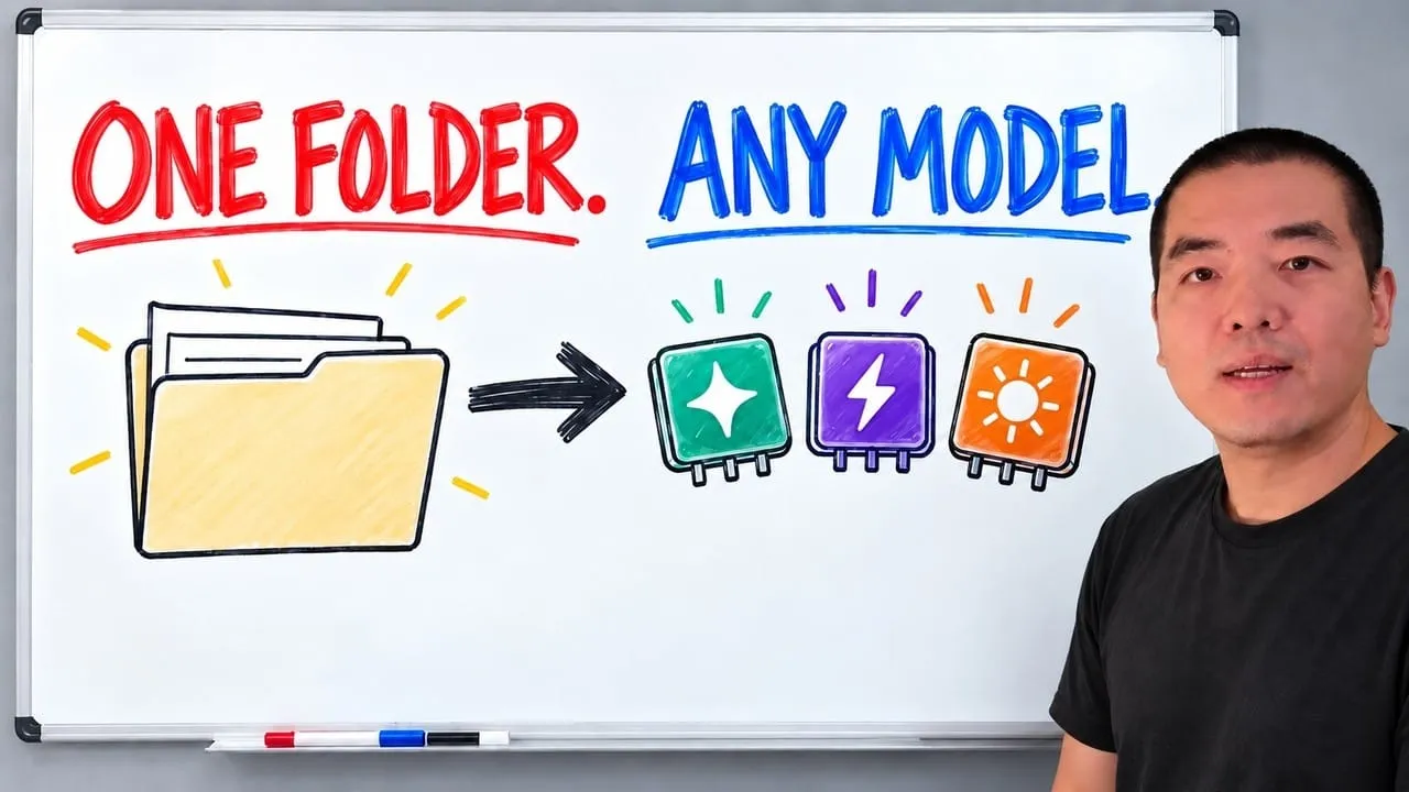 Whiteboard reading "One folder. Any model." with a folder pointing to three model chips, and Leo Kane on the right